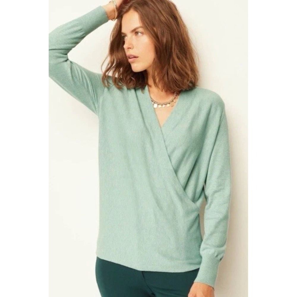 NWT J Jill Womens L Seamed Faux Wrap Sweater Lucite Heather Green V Neck